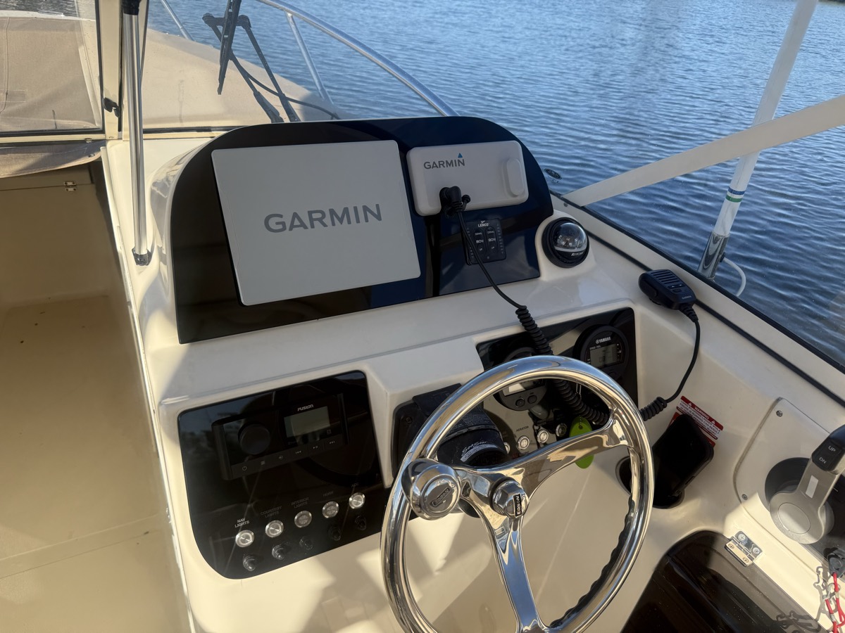 Refinished helm with twin Garmin displays after an electronics refit
